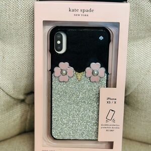 NEW NIB Kate Spade Penguin Applique Black Silver Glitter Phone Case iPhone X/XS